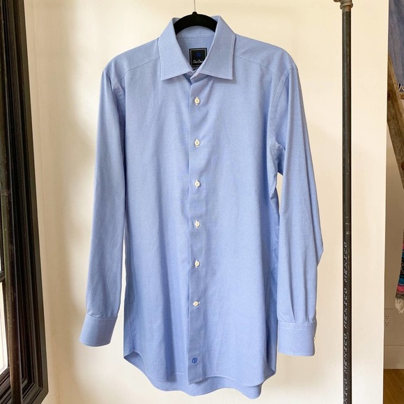 DAVID DONAHUE Men's Blue/White Mirco Houndstooth Trim Fit Shirt sz 16 34/35 - Picture 2 of 11